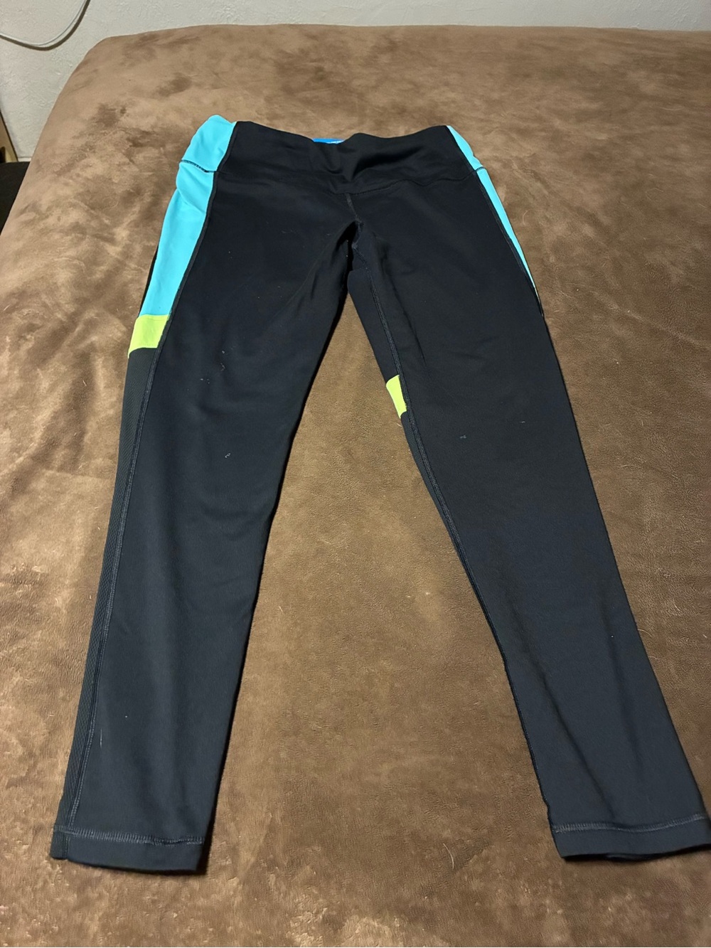 Black Athletic Leggings with Blue and Lime Panels size large